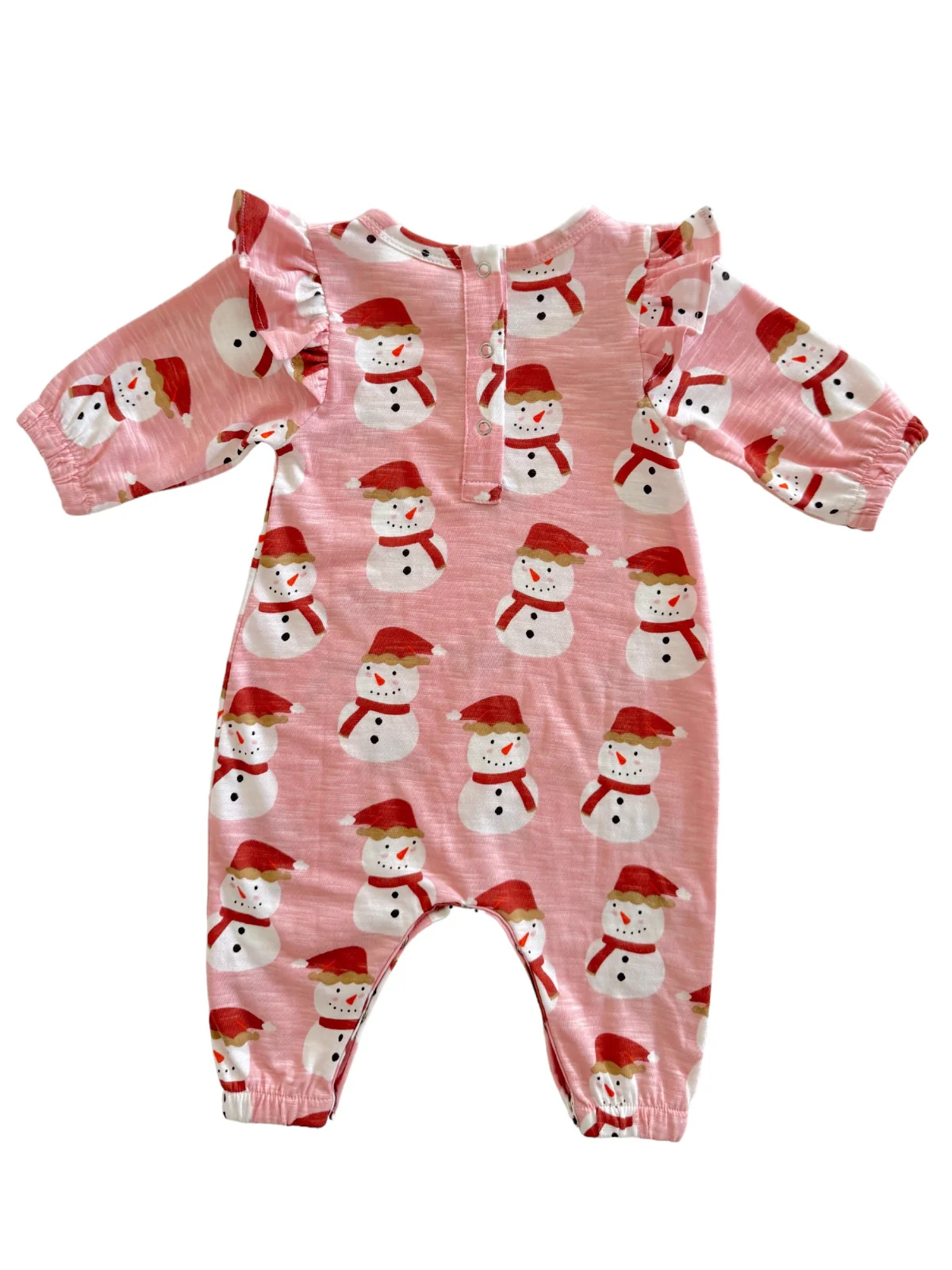 Snowman Pink / Organic Long Sleeve Ruffle Jumpsuit - Image 3