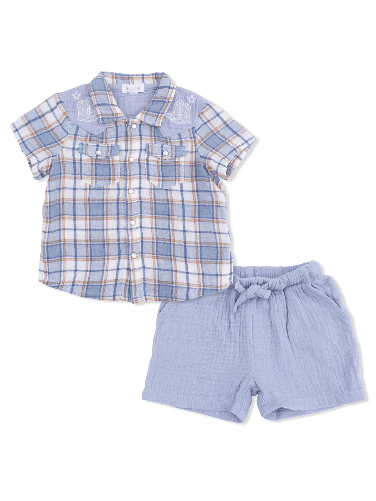 Western Pearl Snap Shirt & Casual Short Set, Western Boot Plaid